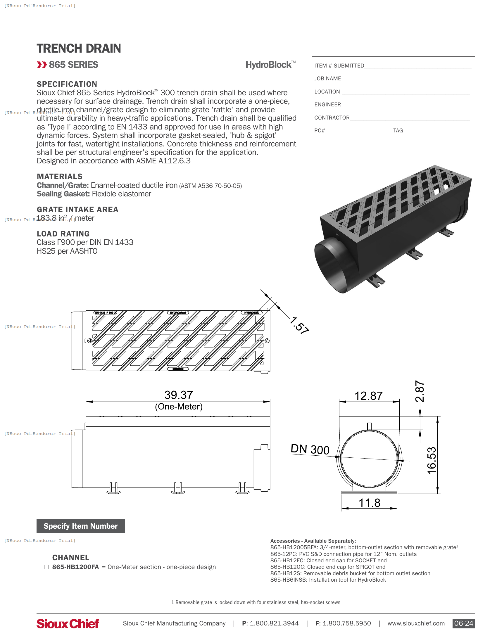 865 SERIES - HYDROBLOCK 300 F900 - SPEC SHEET.PDF Specification Document
